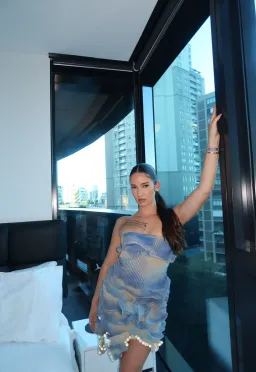 3lato Seashell Asymmetrical Mini Dress Light Beige/Blue Glittery Sand Size XS / AU 6 for rent on The Volte - image 2