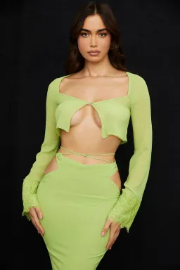 House of CB Tara Georgette Cropped Top Size M & Madeline Georgette Maxi Skirt Size L Set Lime Green for rent on The Volte - image 4
