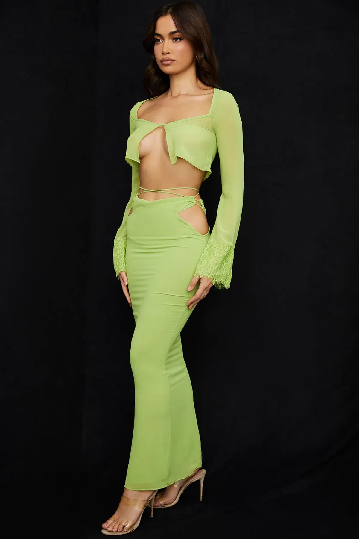 House of CB Tara Georgette Cropped Top Size M & Madeline Georgette Maxi Skirt Size L Set Lime Green - Image 7