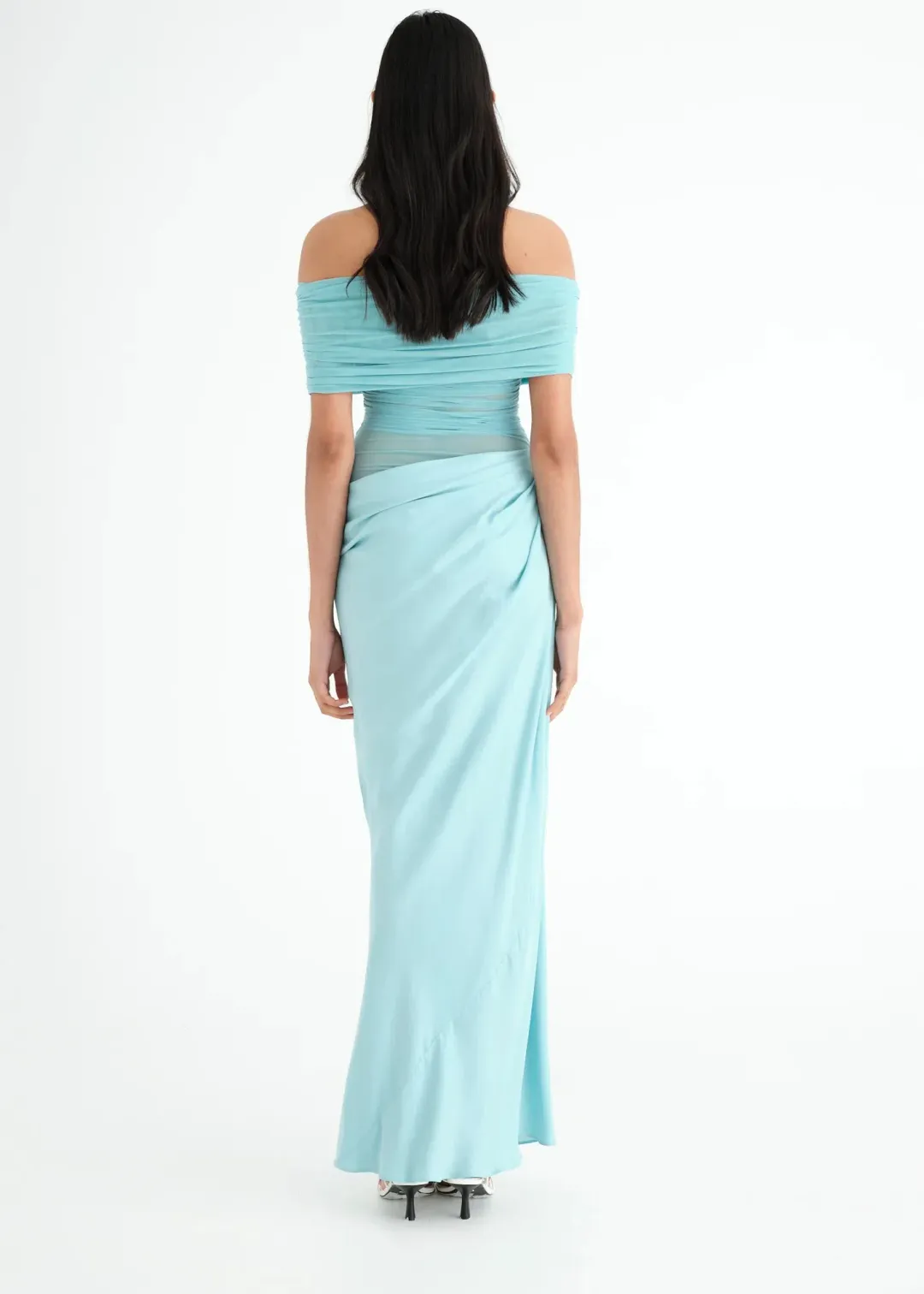Benni Nico Off Shoulder Maxi Dress in Aquamarine Size AU 6 for rent on The Volte - main image