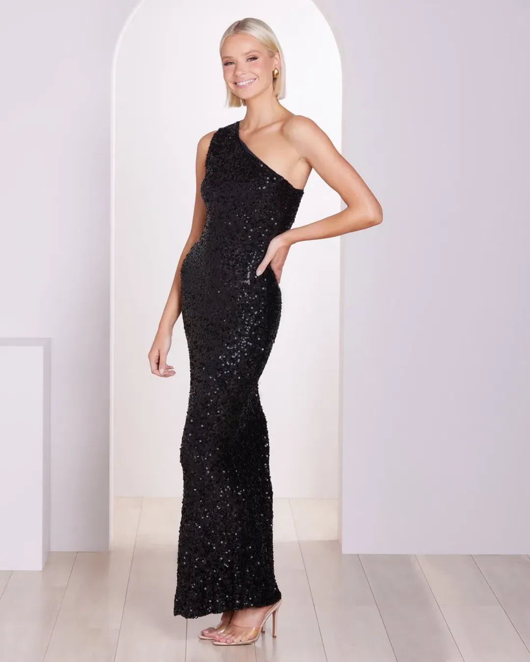 Pilgrim Adelle One Shoulder Gown Black Sequin Size 8 for rent on The Volte - main image