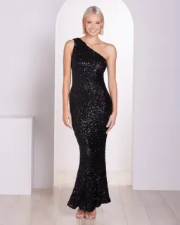 Pilgrim Adelle One Shoulder Gown Black Sequin Size 8 for rent on The Volte - image 1