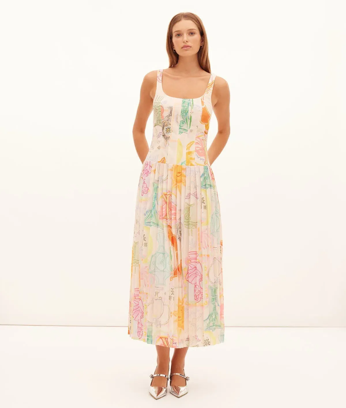 Kate Ford Ethelinda Pleated Corset Midi Dress Solstice Print Size 4 / AU 14 for rent on The Volte - main image