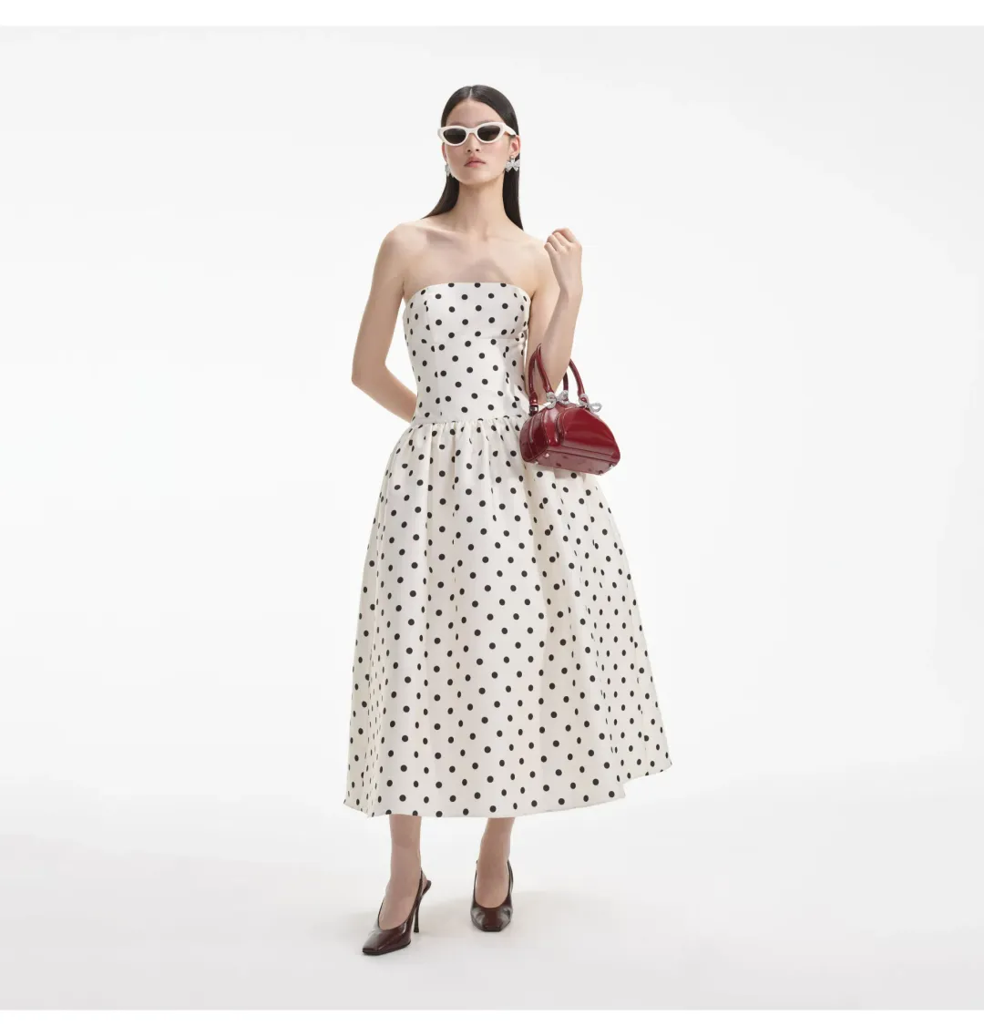 Self Portrait Taffeta Midi Dress Cream Polka Dot Size AU 8 for rent on The Volte - main image