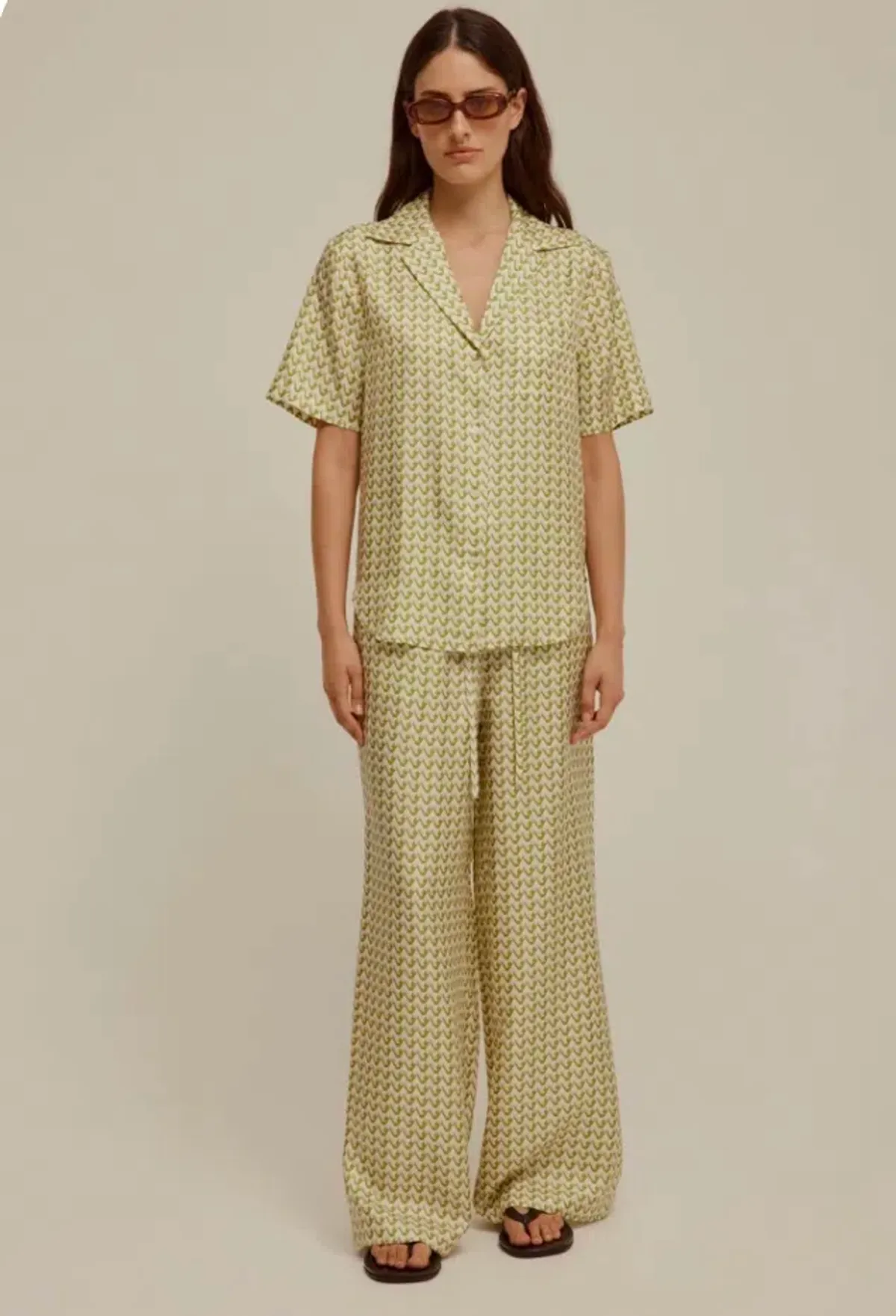 Venroy Silk Short Sleeve & Pant Set Peach Whip V Monogram Size XS/Au 6 for rent on The Volte - main image