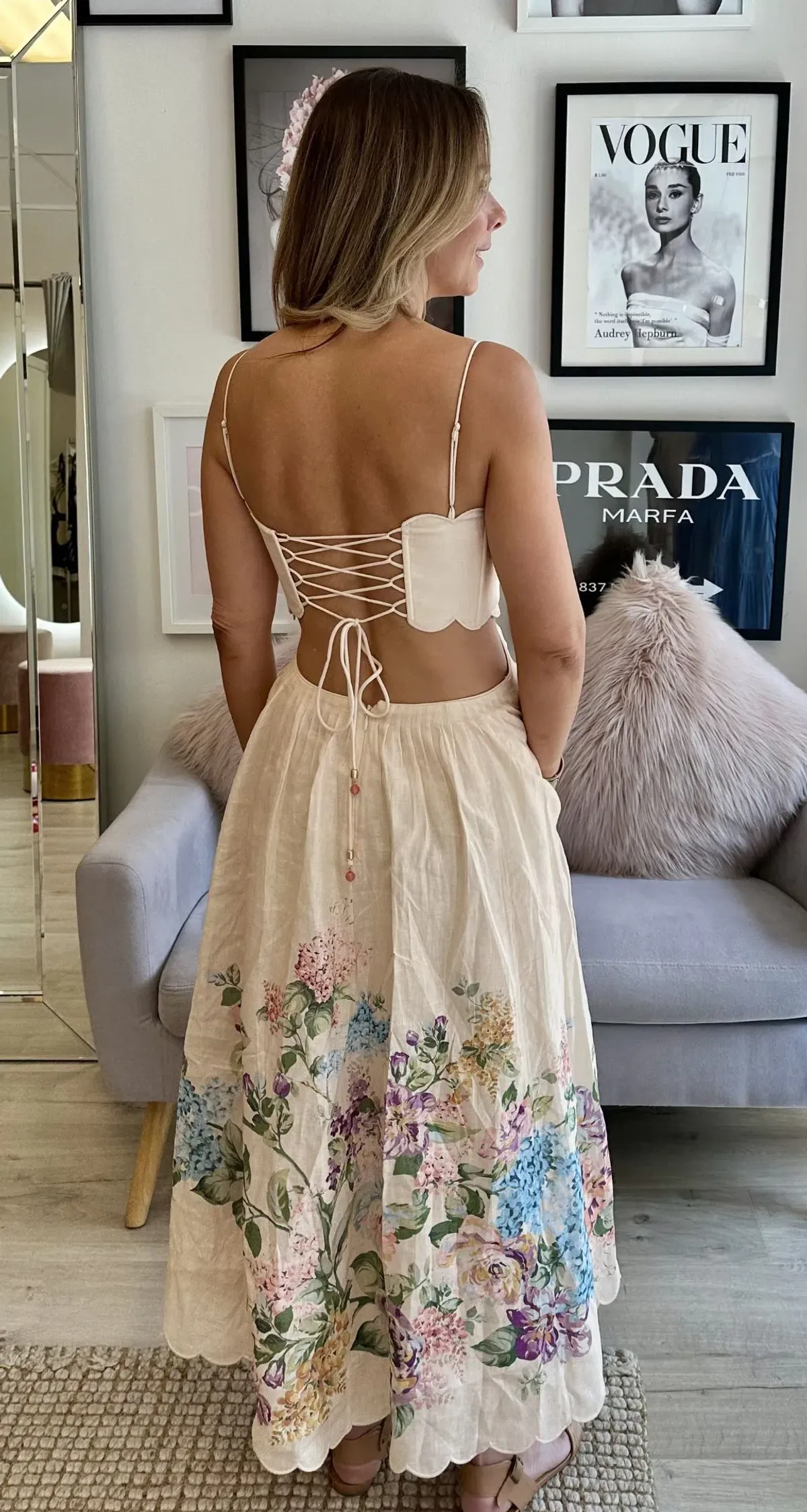 Zimmermann Halliday Scallop Midi Dress Cream Watercolour Floral Size 1 / AU 10 - Image 4