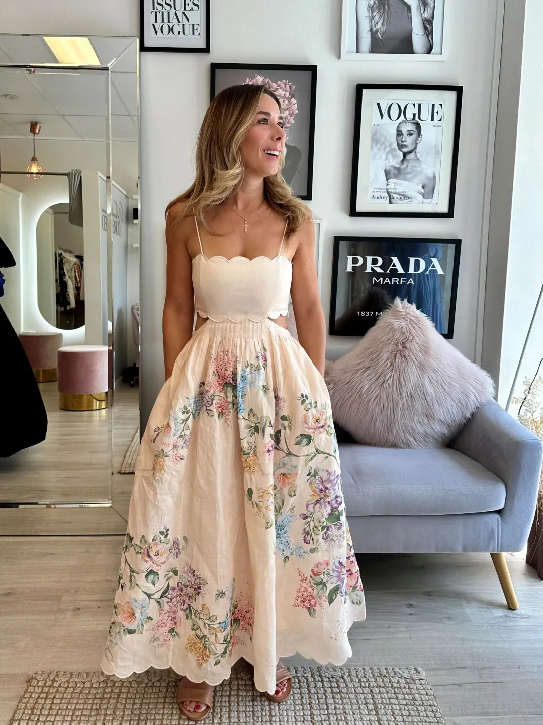 Zimmermann Halliday Scallop Midi Dress Cream Watercolour Floral Size 1 / AU 10 for rent on The Volte - main image