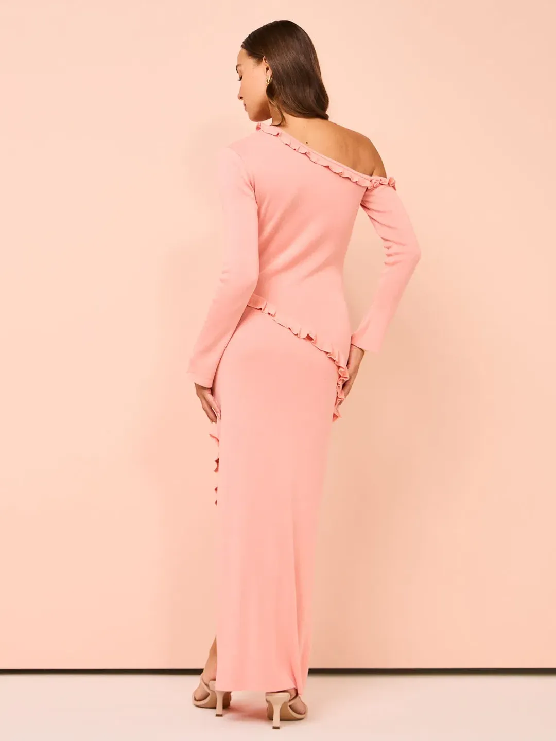Issy Off Shoulder Ruffle Maxi Dress In Pink Size 12 for rent on The Volte - main image