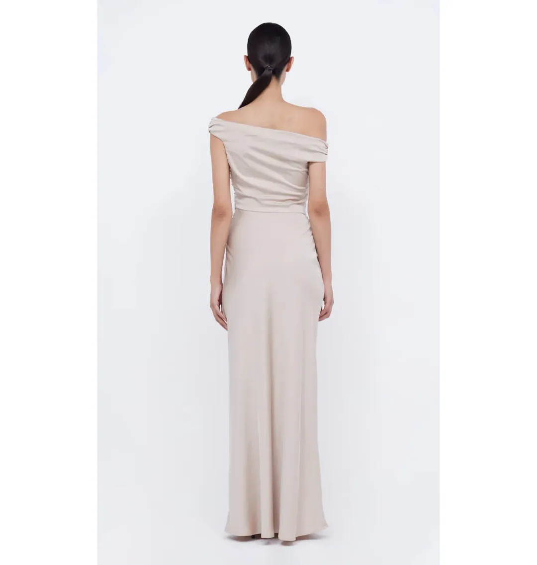 Bec & Bridge Eternity Off Shoulder Maxi Dress Sand Size AU 14 for rent on The Volte - main image