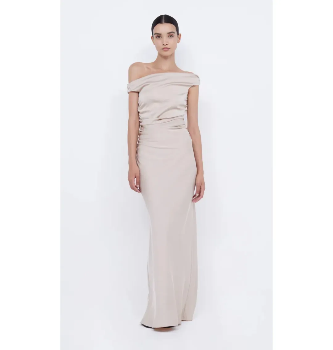 Bec & Bridge Eternity Off Shoulder Maxi Dress Sand Size AU 14 for rent on The Volte - main image