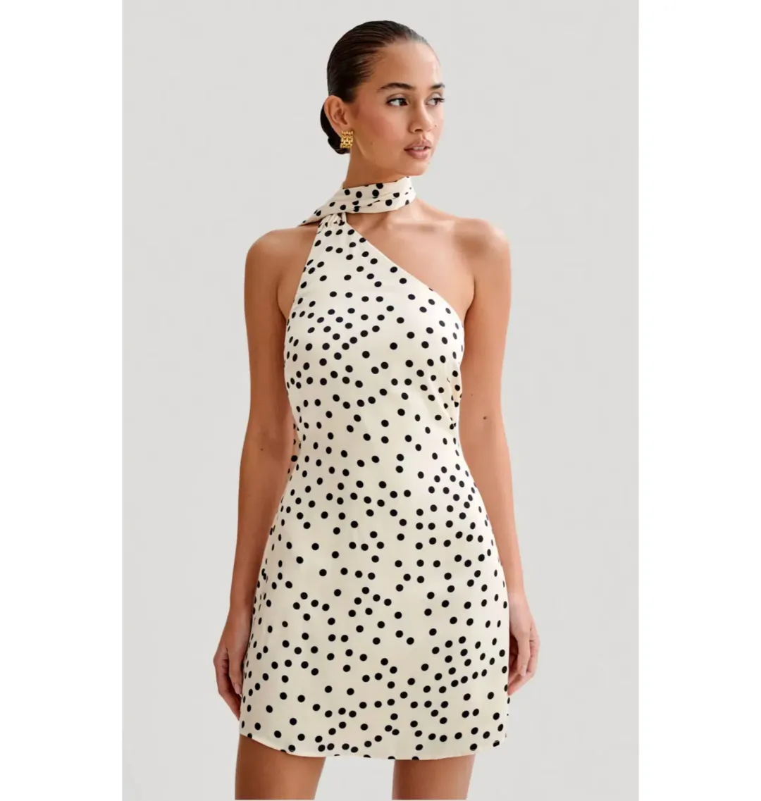 Meshki Joan Satin Asymmetrical Mini Dress Polka Dot Size AU 6 for rent on The Volte - main image