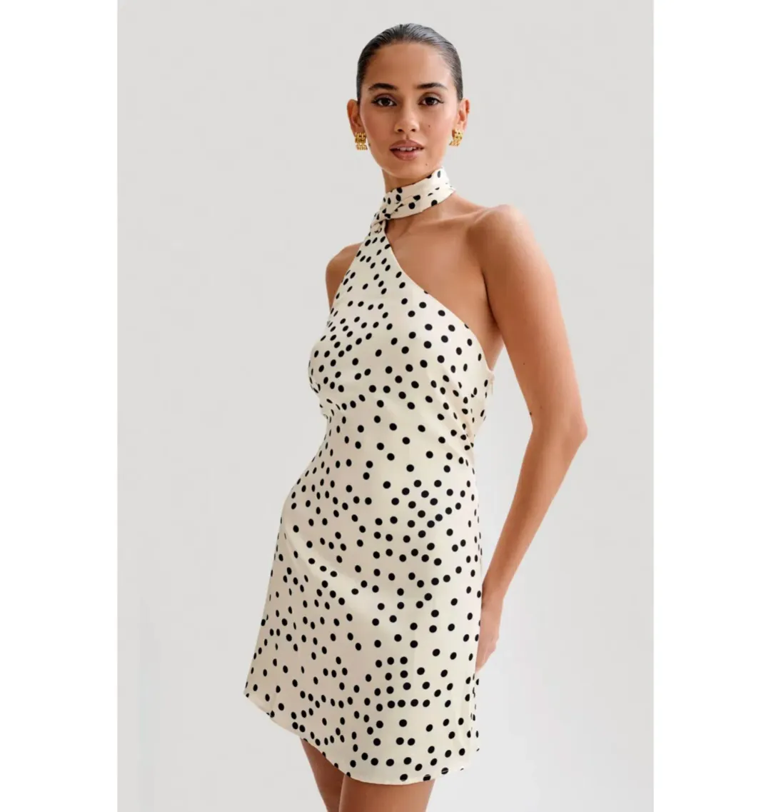 Meshki Joan Satin Asymmetrical Mini Dress Polka Dot Size AU 6 for rent on The Volte - main image