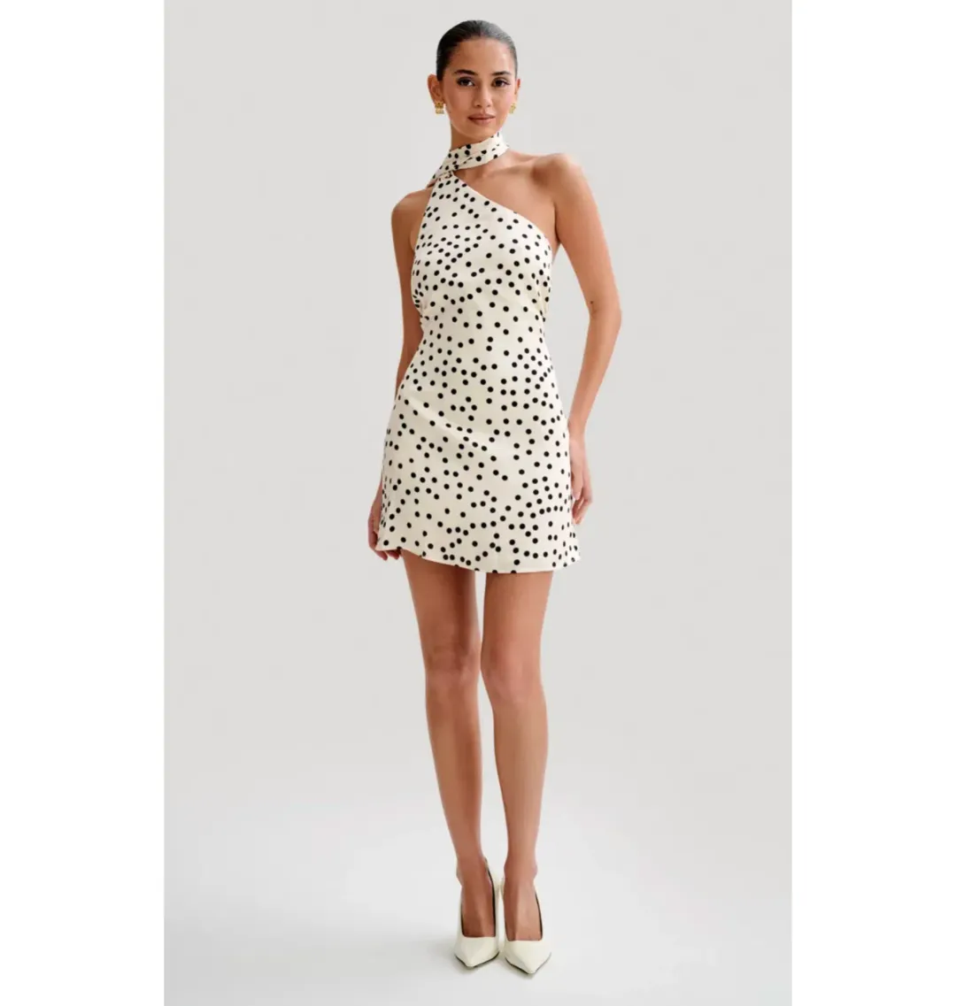 Meshki Joan Satin Asymmetrical Mini Dress Polka Dot Size AU 6 for rent on The Volte - main image