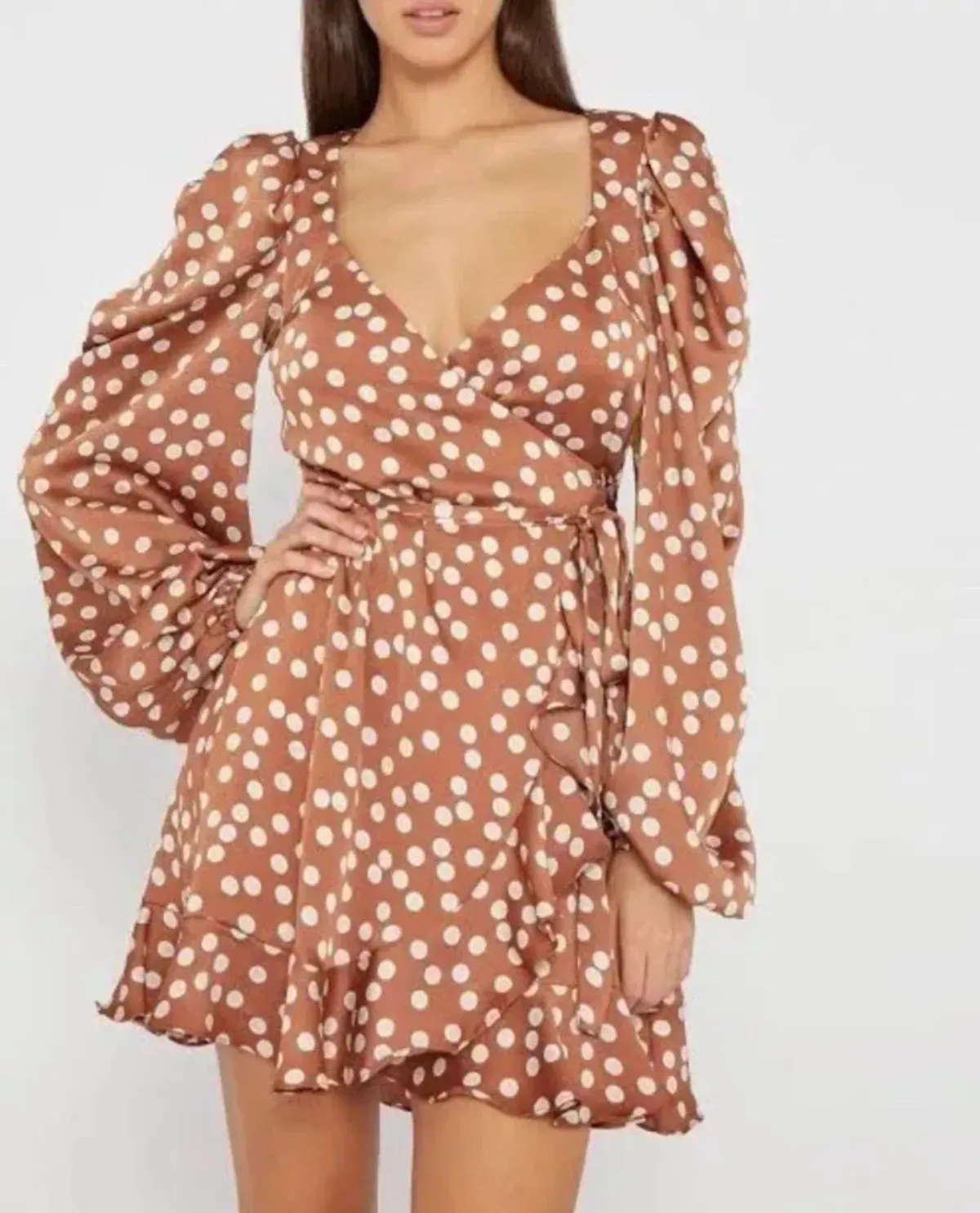 By Johnny Brielle Frill Wrap Mini Dress Brown Spot Size 10 - Image 4