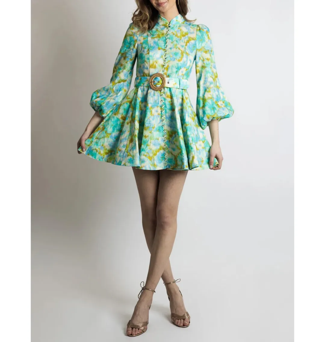 Zimmermann High Tide Mini Dress Aqua Ikat Floral Size 3 / AU 14 for rent on The Volte - main image