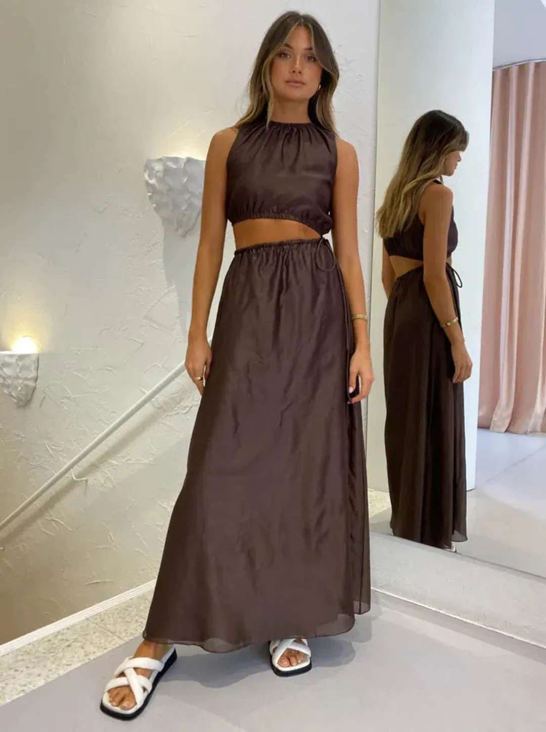 Sir The Label Anje Asymmetrical Cut Out Dress In Chocolate Size 1 / AU 8 for rent on The Volte - main image