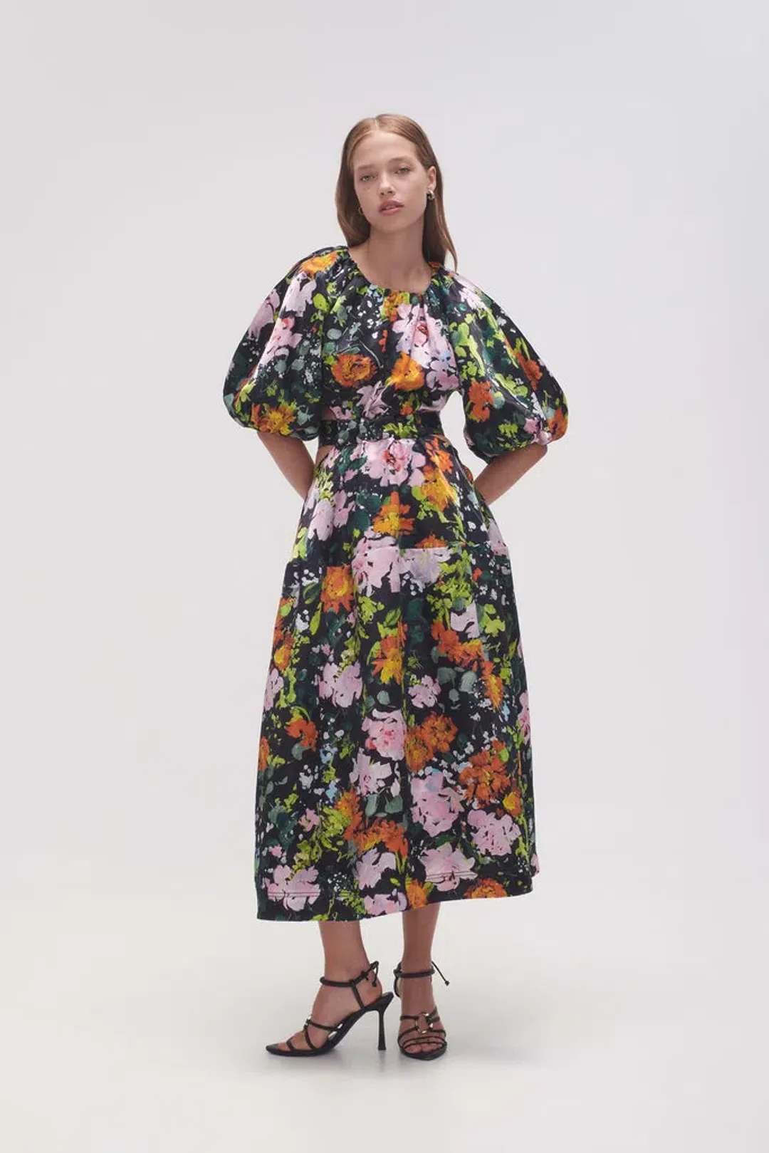 AJE Mimosa Cutout Midi Dress Midnight Floral Size 10 for rent on The Volte - main image