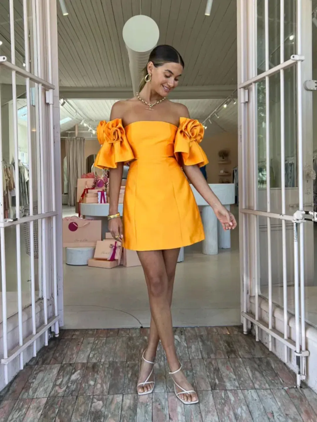 Alemais Macie Rosette Mini Dress in Saffron Size 12 for rent on The Volte - main image