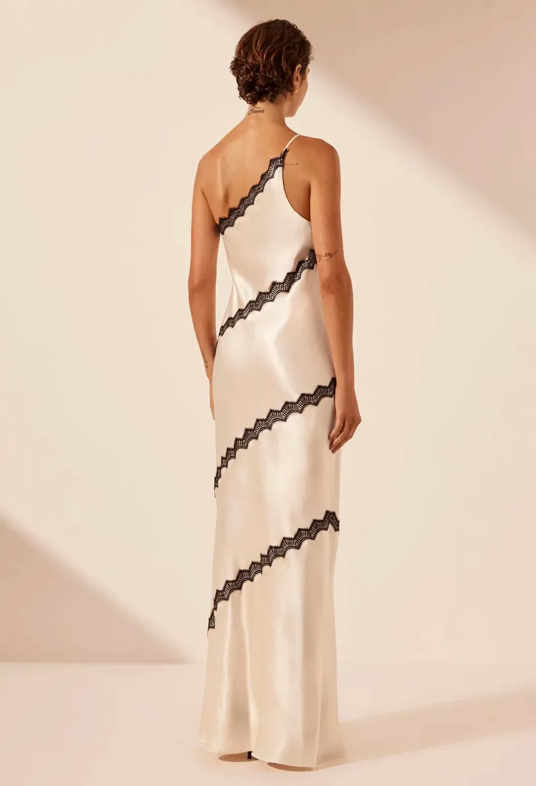 Shona Joy Camille Lace Asymmetrical Maxi Dress in Cream/Black Size 10 for rent on The Volte - main image