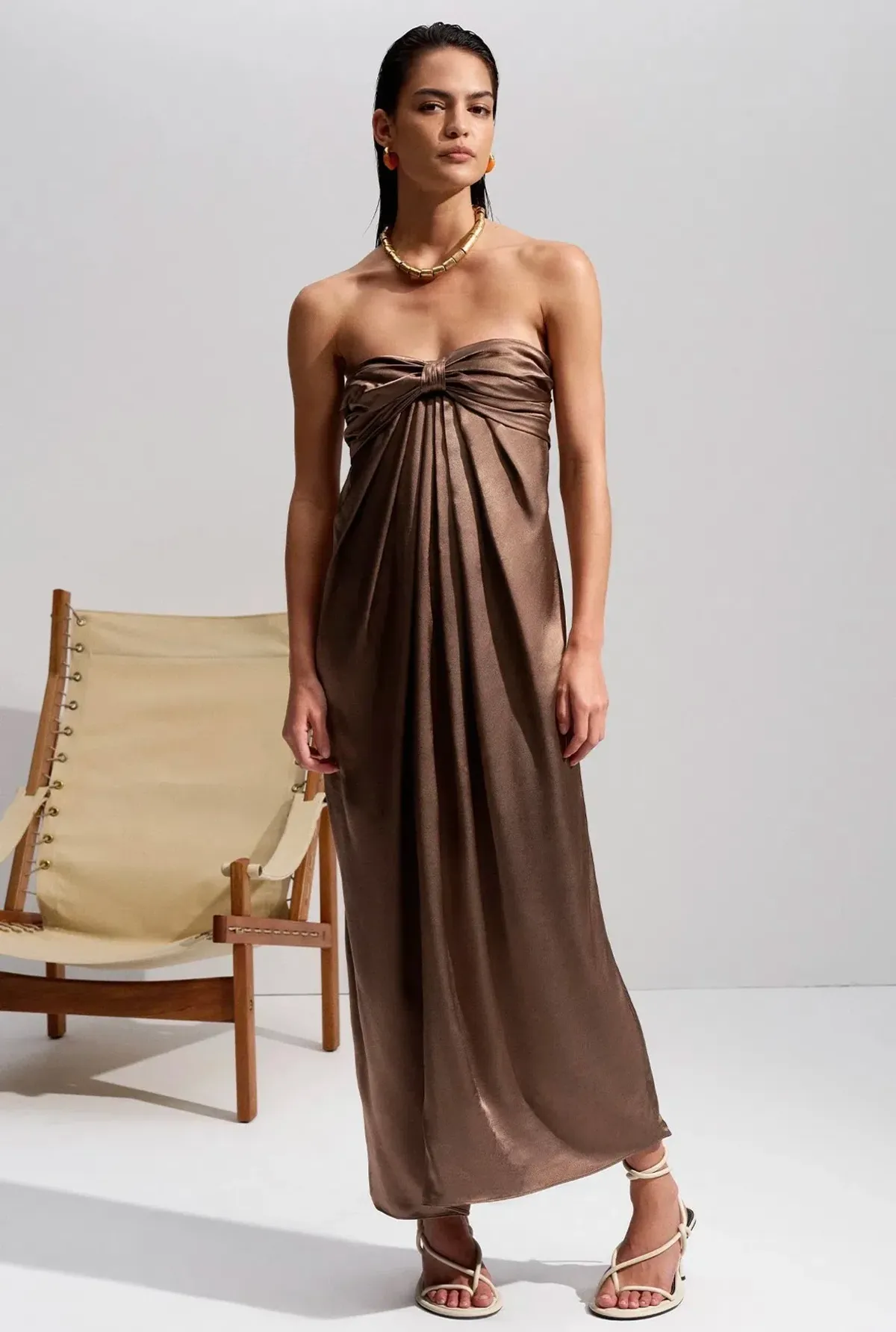 Shona Joy Milo Strapless Knot Midi Dress Cacao Size AU 14 for rent on The Volte - main image