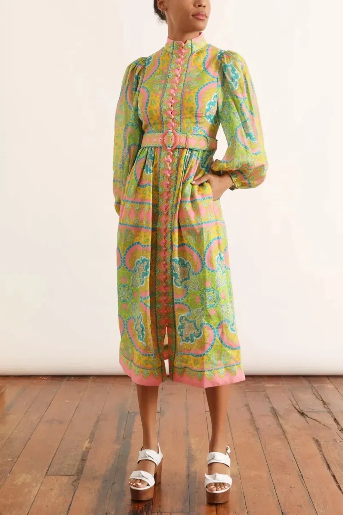 Zimmermann Estelle Buttoned Midi Dress in Pink/Green Paisley Size 4 / AU 16 - Image 1
