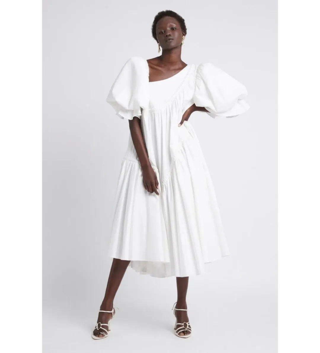Aje Casabianca Braided Puff sleeve Midi Dress White Size 14 for rent on The Volte - main image