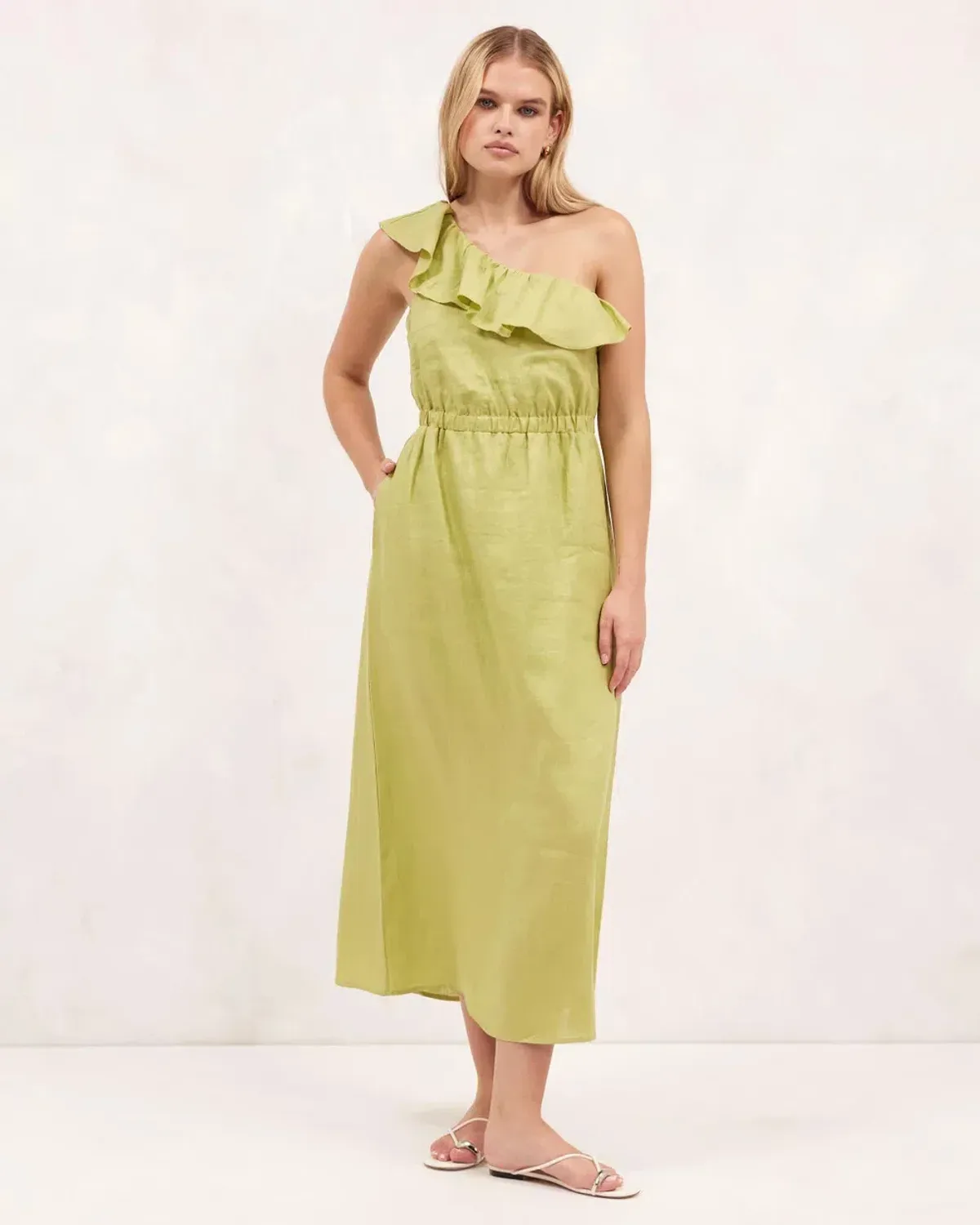 Aere Linen One Shoulder Midi Dress Bay Leaf Green Size 8 - Image 1