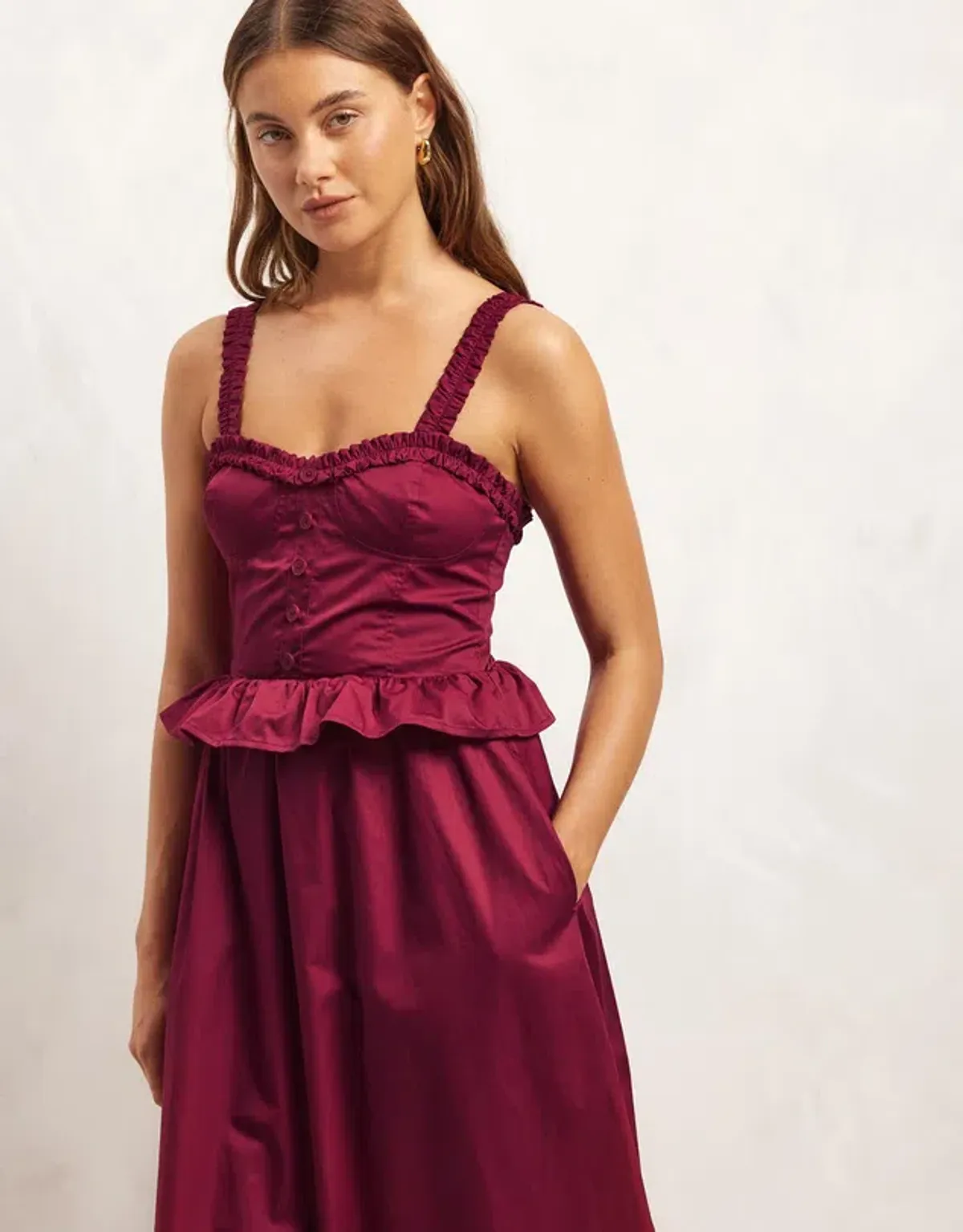 Aere Organic Cotton Peplum Midi Dress Black Cherry Size 8 - Image 2