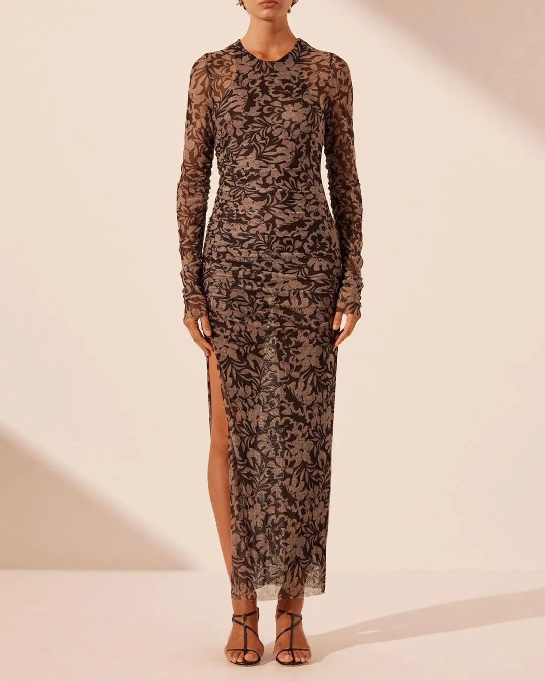 Shona Joy Zoe Long Sleeve Gathered Midi Dress Black/Sand Floral Print Size L / AU 12 for rent on The Volte - main image