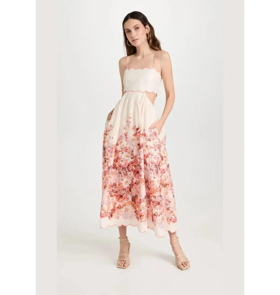 Zimmermann Devi Scallop Midi Dress In Cream Floral Size 0 / AU 8 for rent on The Volte - main image