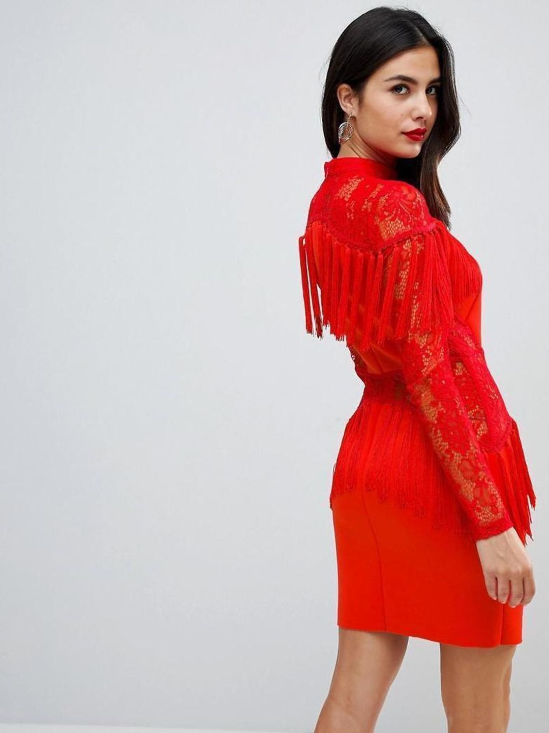 Ultimate Fringe Long Sleeve Lace Red Mini Dress Size 6 for rent on The Volte - main image
