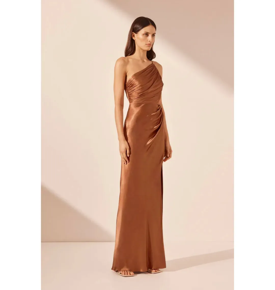 Shona Joy La Lune Asymmetrical Gathered Maxi Dress Almond Size AU 10 for rent on The Volte - main image