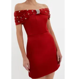 Rebecca Vallance Carmella Off The Shoulder Mini Dress Red Size AU 8 for rent on The Volte - image 3