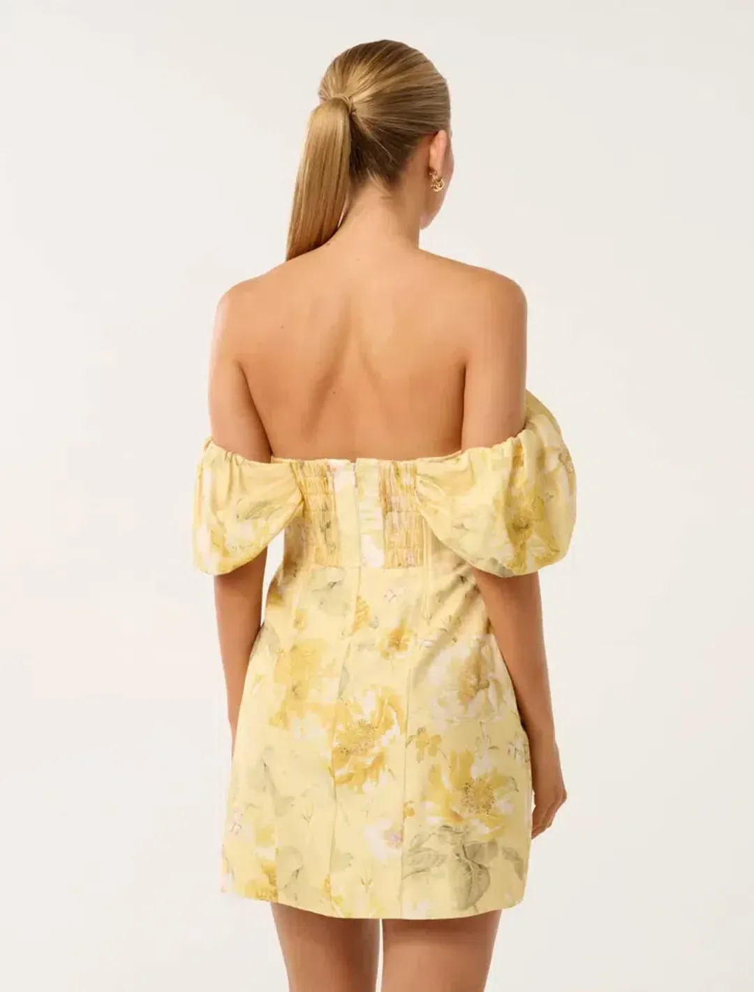 Forever New Jacquie Off Shoulder Mini Dress Gold Layla Botanical Size AU 12 for rent on The Volte - main image