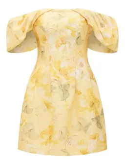 Forever New Jacquie Off Shoulder Mini Dress Gold Layla Botanical Size AU 12 for rent on The Volte - image 3