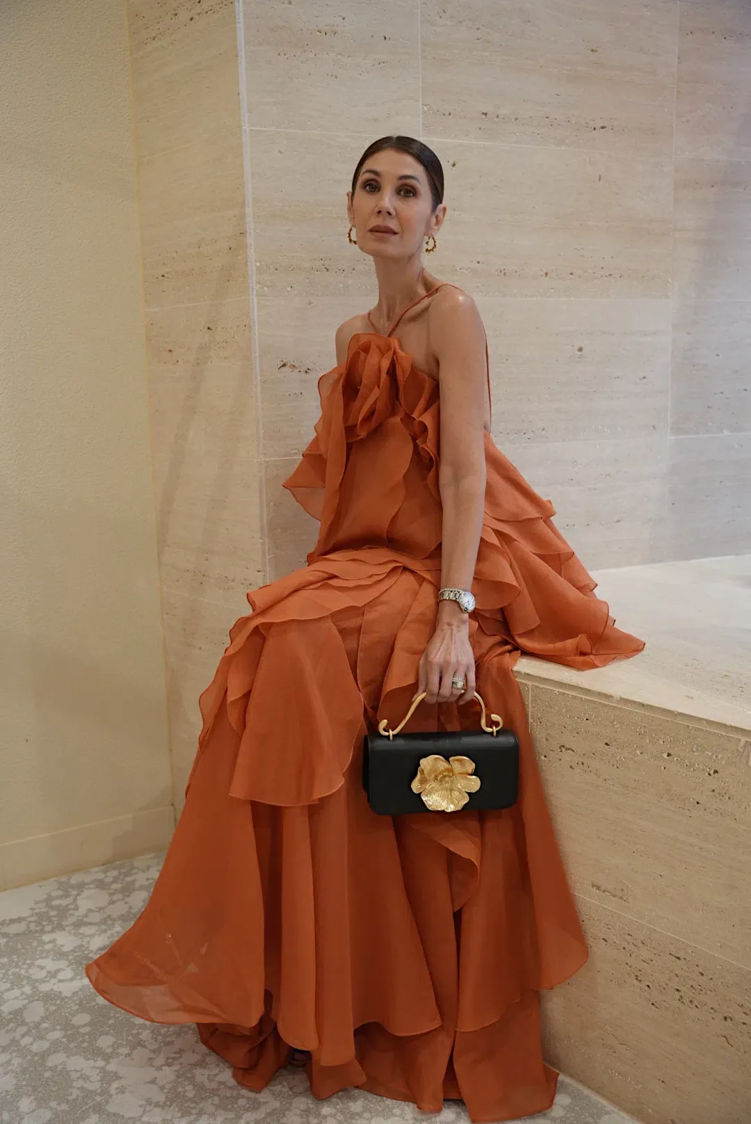 Aje Pandorea Layered Maxi Dress Coral Clay Size 6 for rent on The Volte - main image