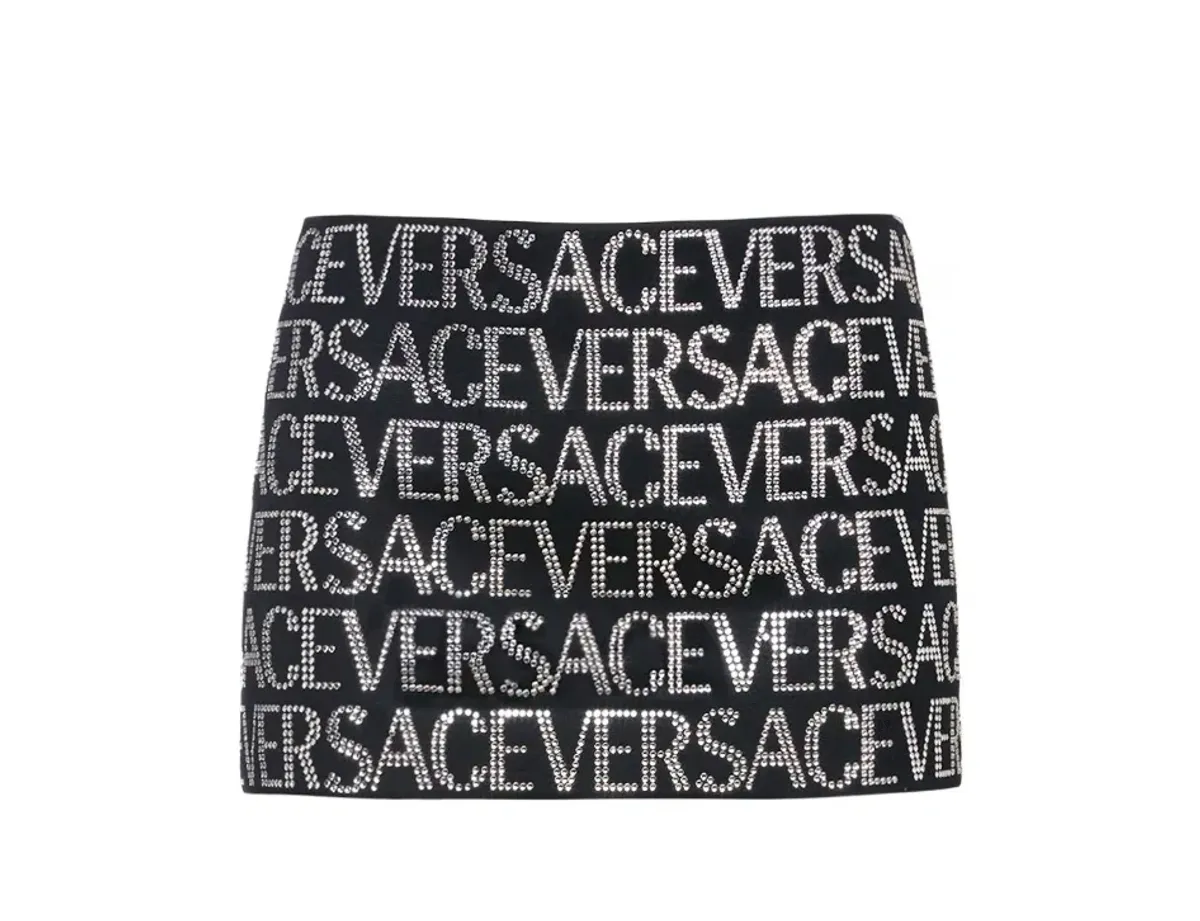 Versace Embellished Logo Wool Mini Skirt In Black/Silver Size 8 - Image 4