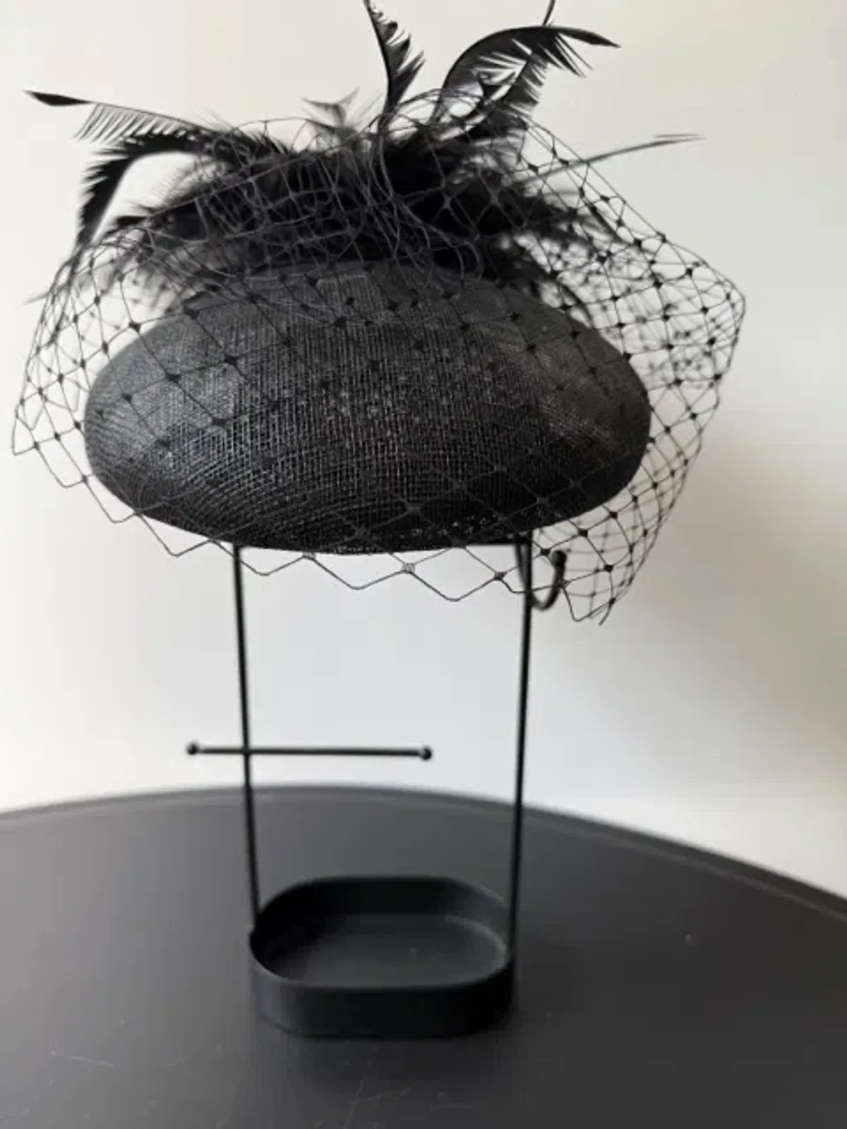Morgan and Taylor Straw Beret Millinery with Feathers and Veil Black One Size - Image 1