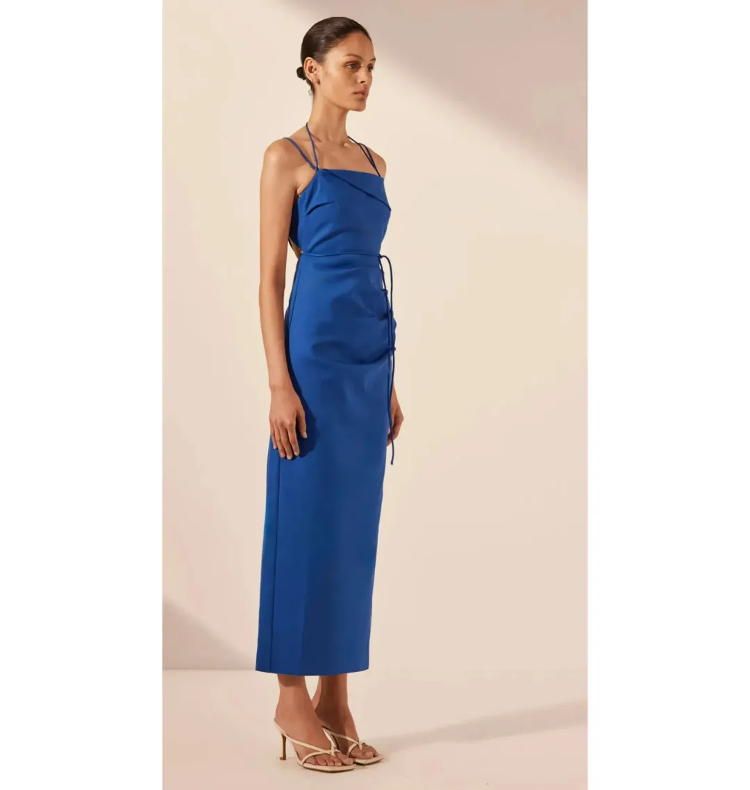 Shona Joy Lani Draped Cross Back Midi Dress Azure Blue Size AU 14 for rent on The Volte - main image