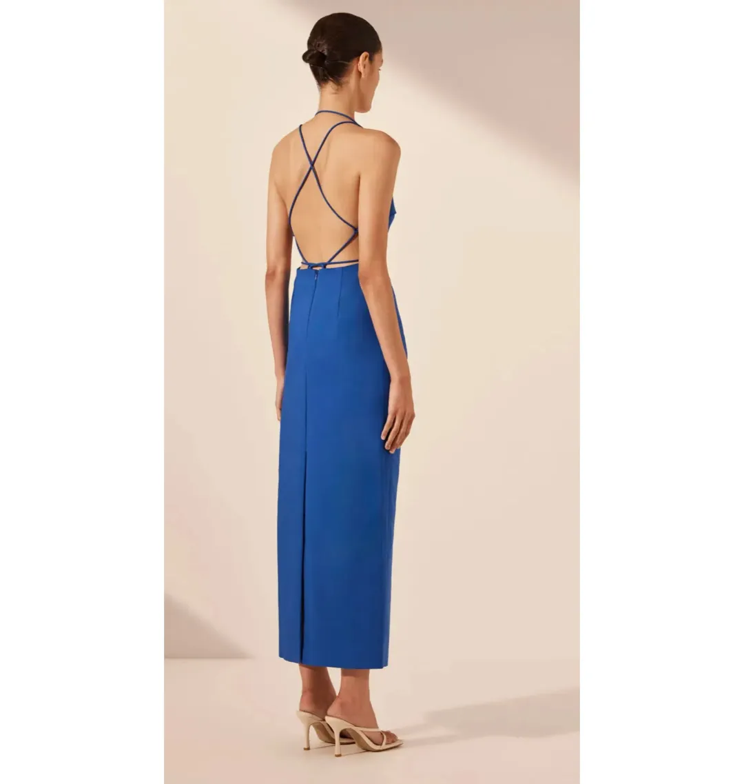 Shona Joy Lani Draped Cross Back Midi Dress Azure Blue Size AU 14 for rent on The Volte - main image