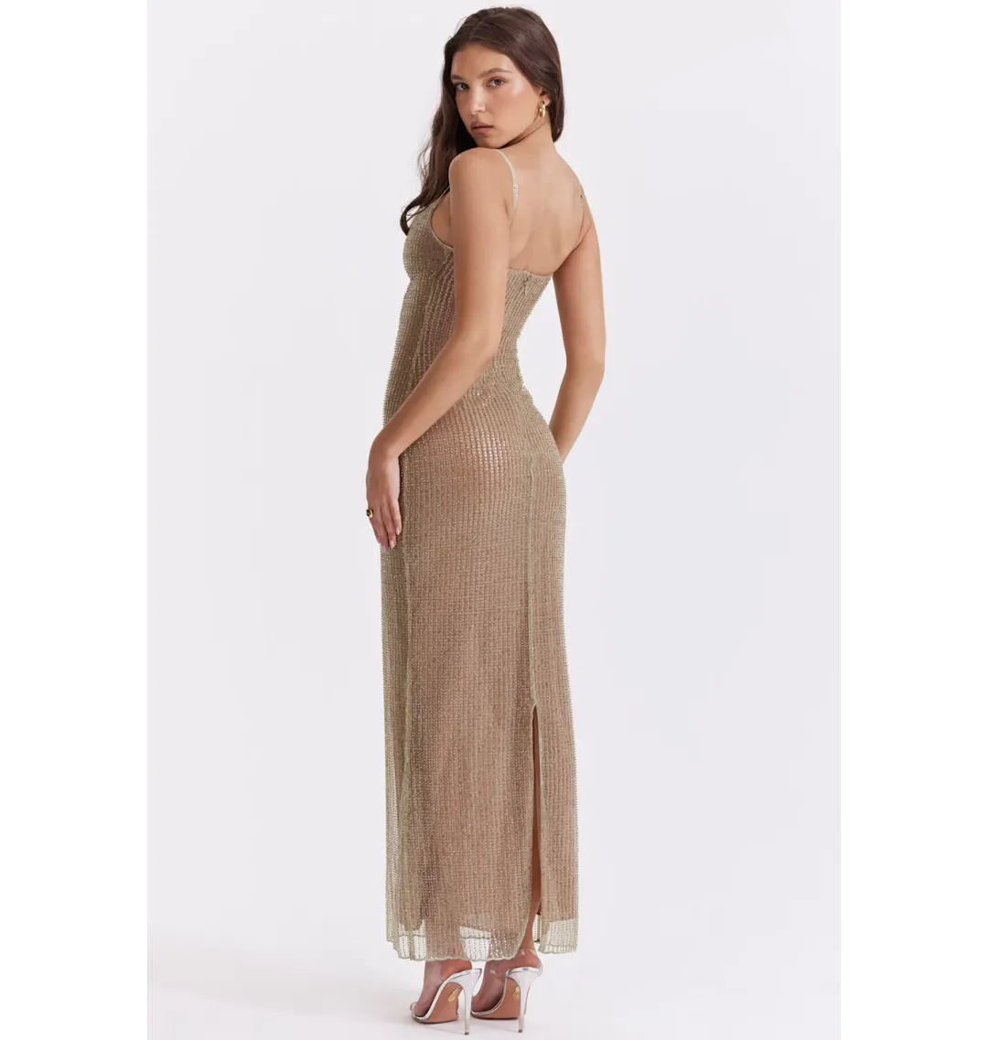 House of CB Alondra Beaded Maxi Dress Cafe Au Lait Size AU 6 for rent on The Volte - main image