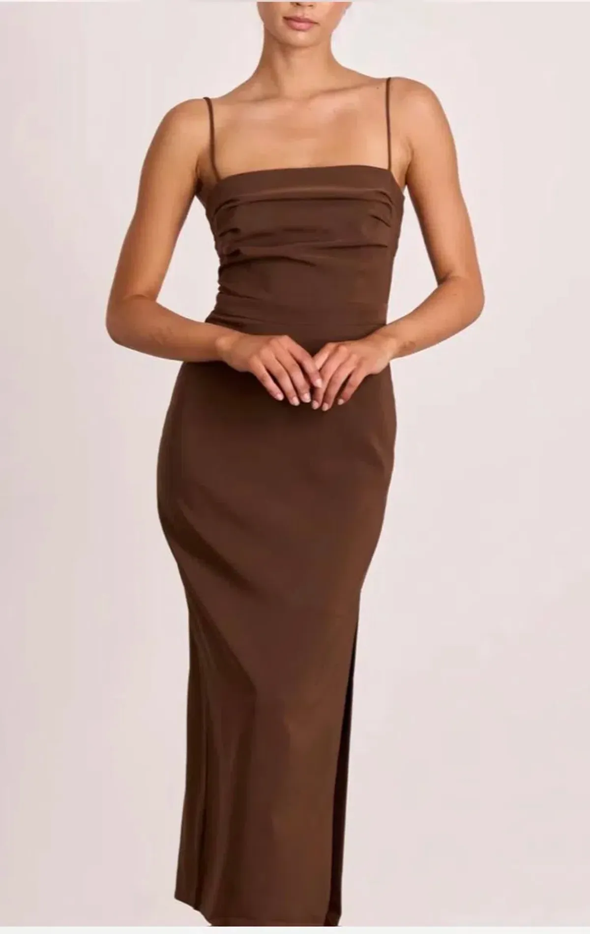 Pasduchas Emerson Column Midi Dress in chocolate brown size 10 - Image 1
