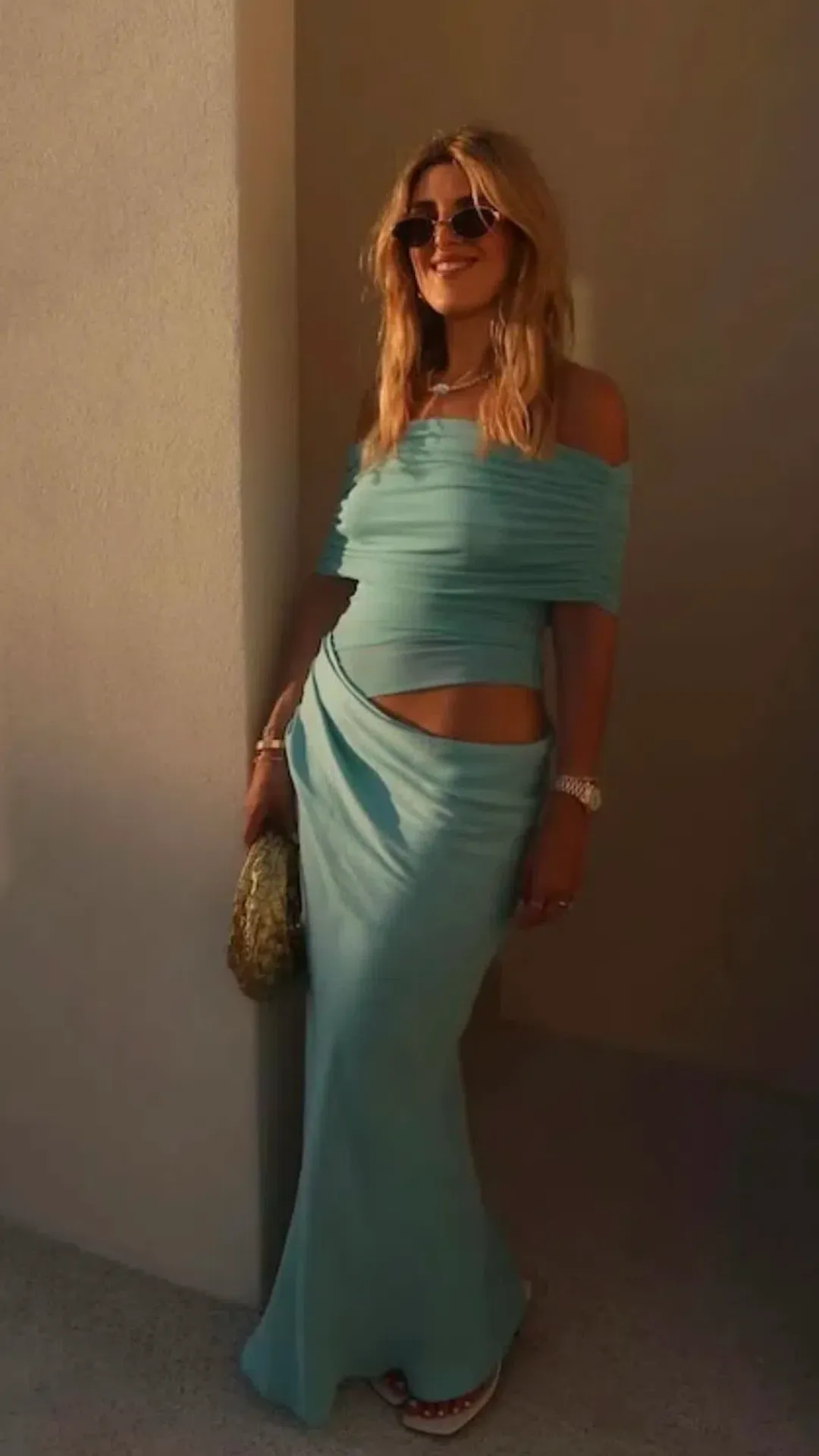 Nico Off Shoulder Maxi Dress Size 10 Aquamarine for rent on The Volte - main image