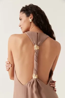 Aje Intrigue Twist Back Midi Dress in Chocolate Brown Size AU 10 for rent on The Volte - image 4