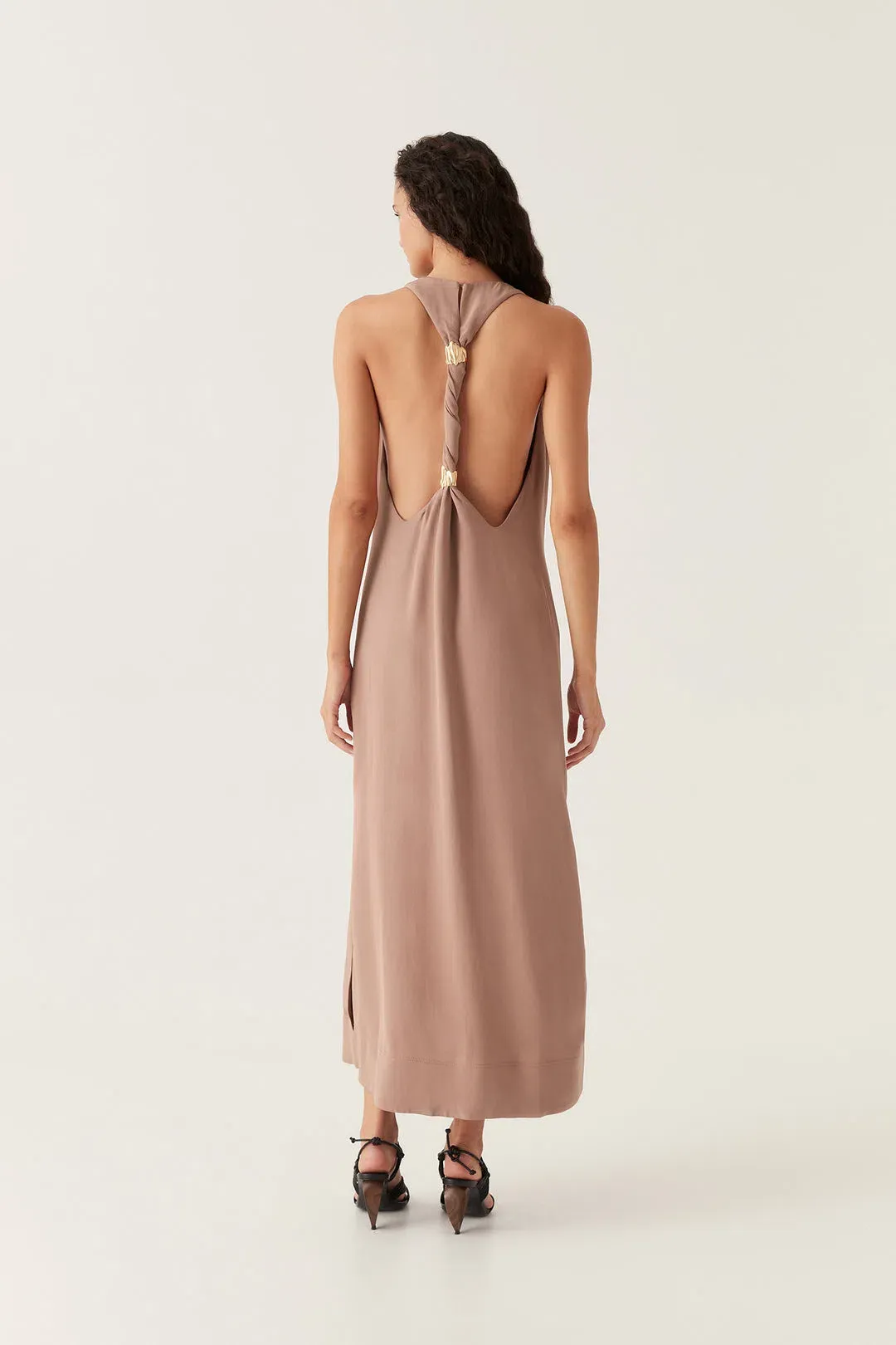 Aje Intrigue Twist Back Midi Dress in Chocolate Brown Size AU 10 for rent on The Volte - main image