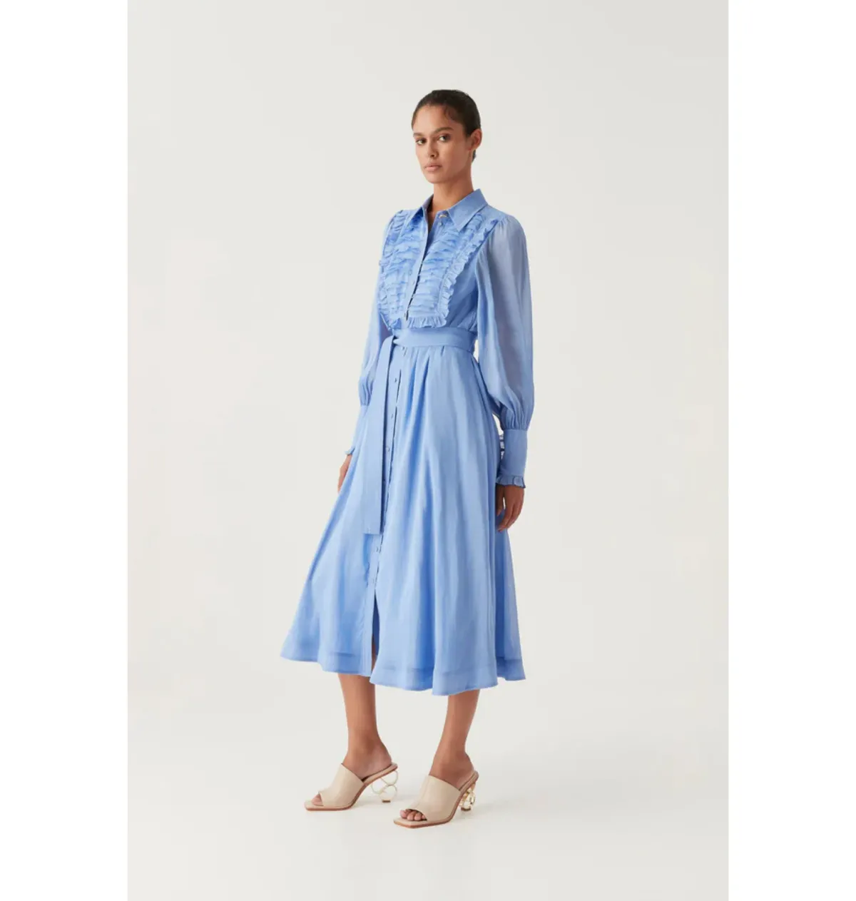 Aje Iris Pleated Bib Midi Dress Mist Blue Size AU 12 - Image 3