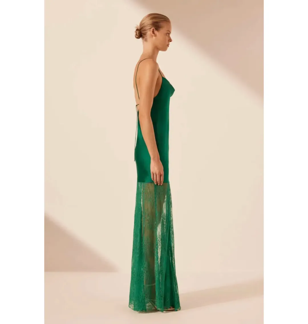 Shona Joy Elle Silk Lace Cowl Maxi Dress Emerald Green Size AU 8 for rent on The Volte - main image