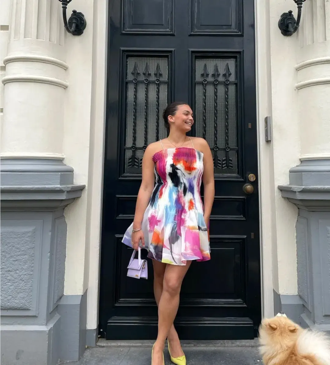 Aje Celestial Pleated Mini Dress Abstract Sunset Size AU 10 for rent on The Volte - main image