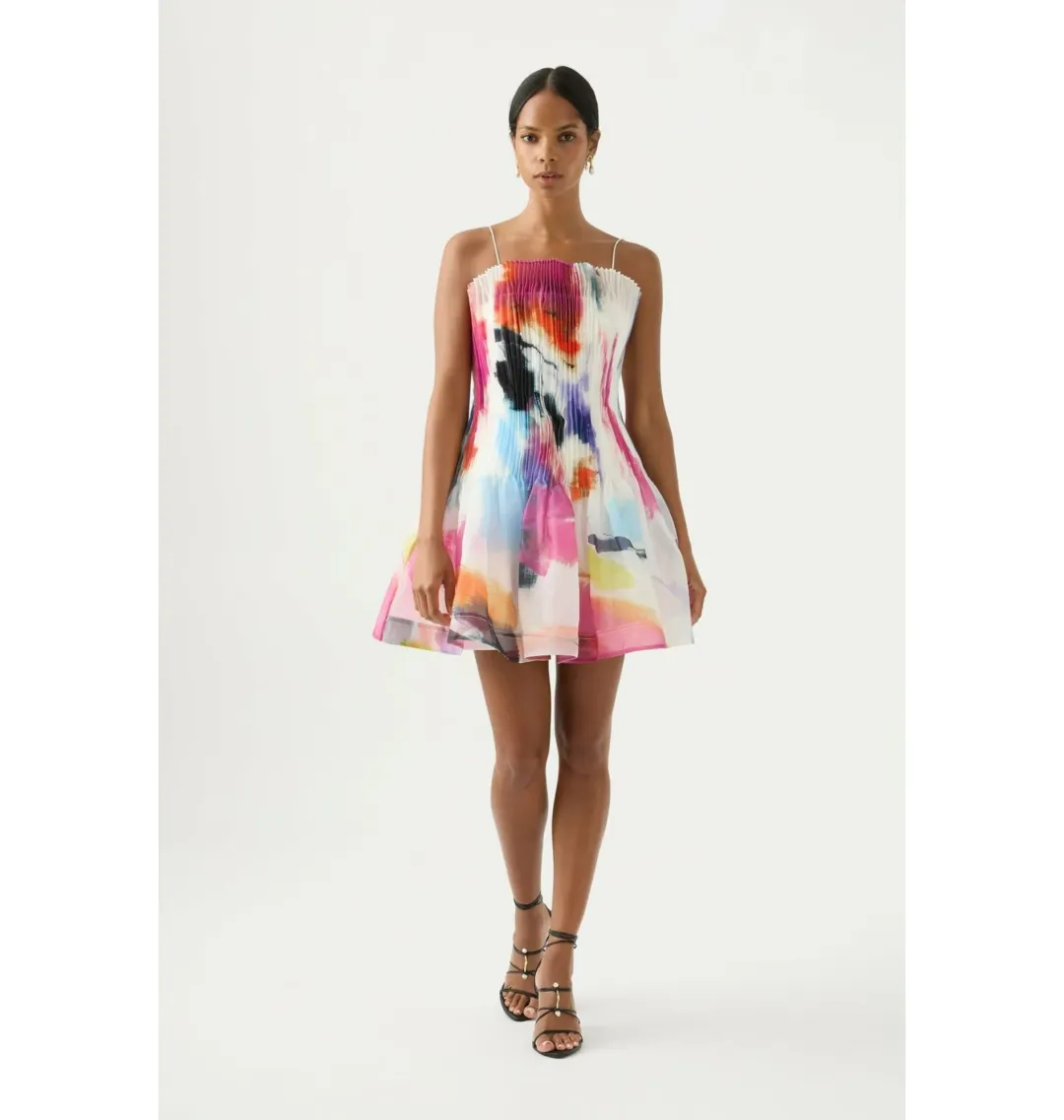 Aje Celestial Pleated Mini Dress Abstract Sunset Size AU 10 for rent on The Volte - main image