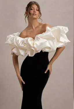 Club L London Cecily Velvet Bardot Maxi Dress With Satin Ruffle Trim Black Size 6 for rent on The Volte - image 2